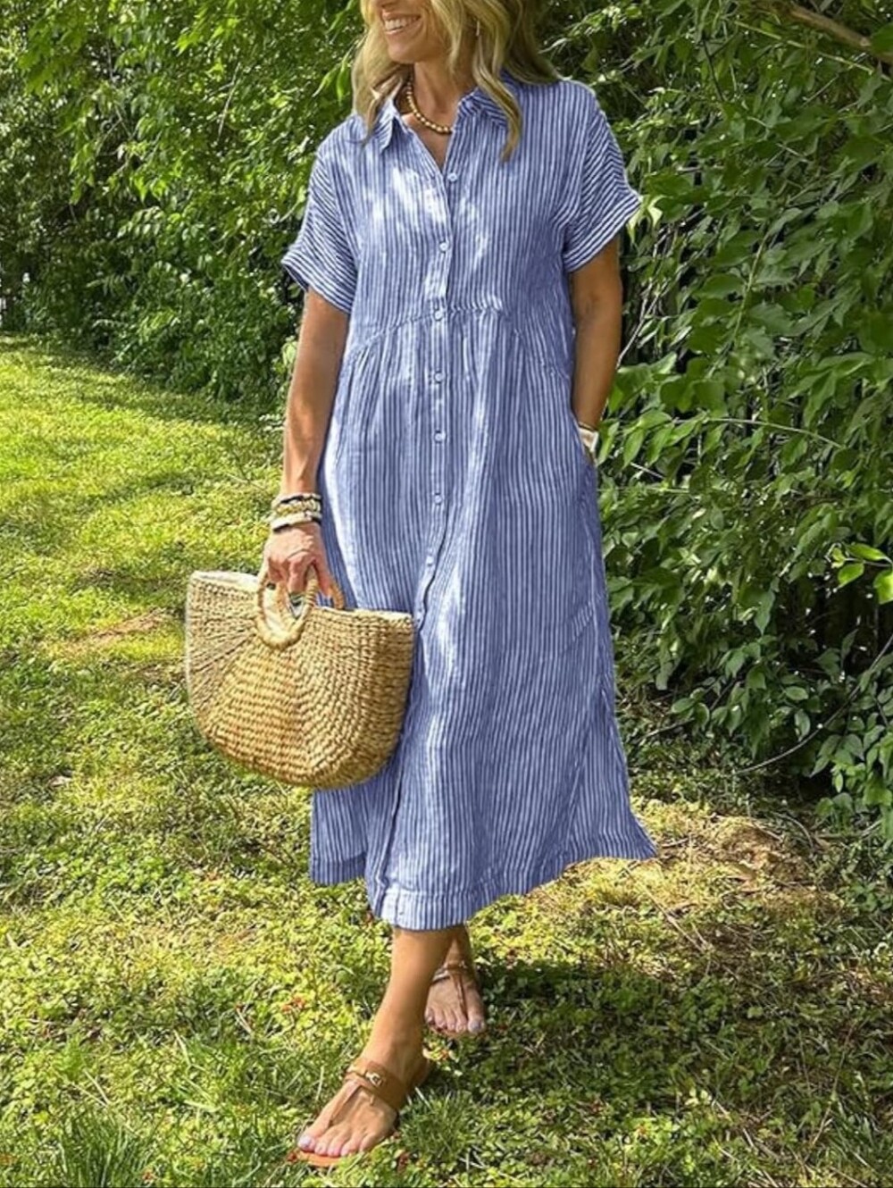 NWT Women's Summer Striped Midi Long Shirt Dress Casual Loose Short Sleeve Butto - Picture 2 of 3
